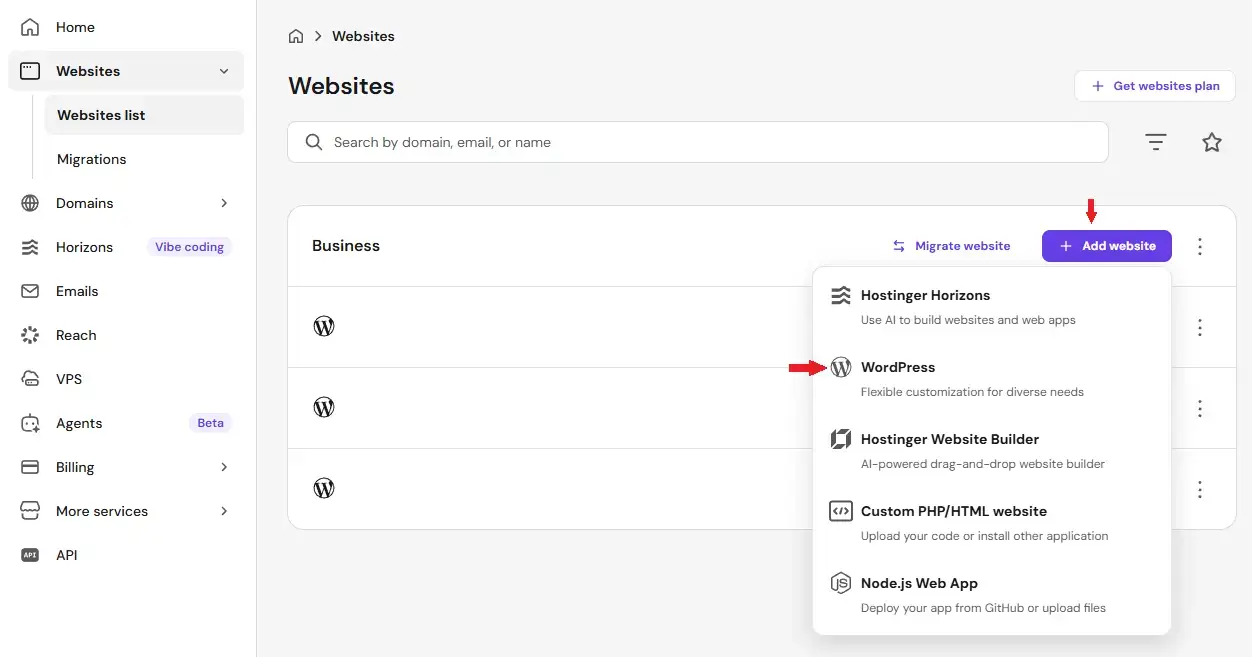hostinger new website setup