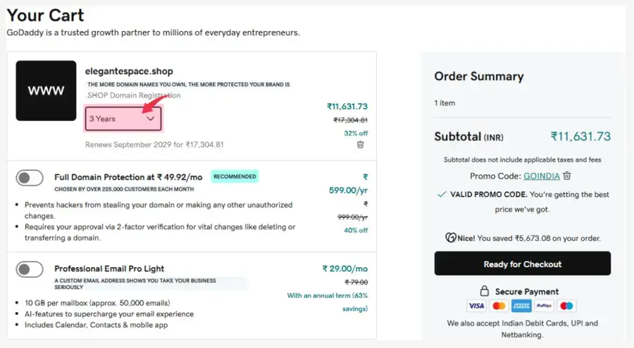 Godaddy checkout