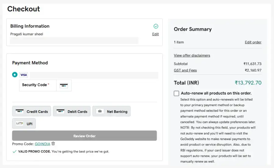 Godaddy payment page