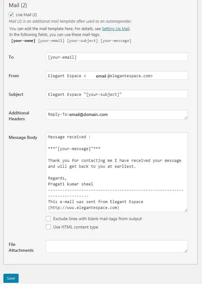 mail 2 setting of contact form