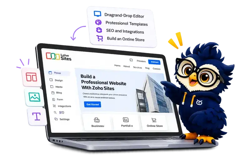 Zoho Sites Builder with Owl Mascot