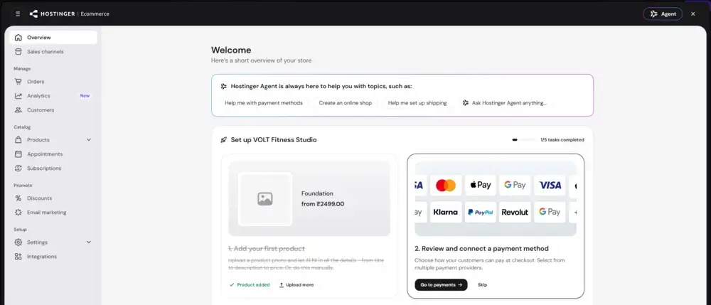 ecommerce setting in hostinger ai builder