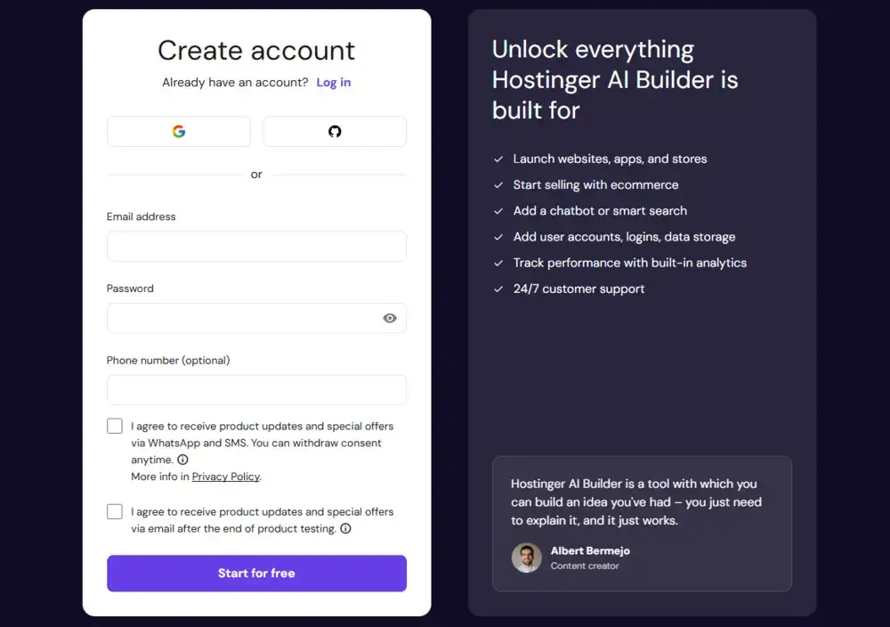 hostinger ai website builder account creation