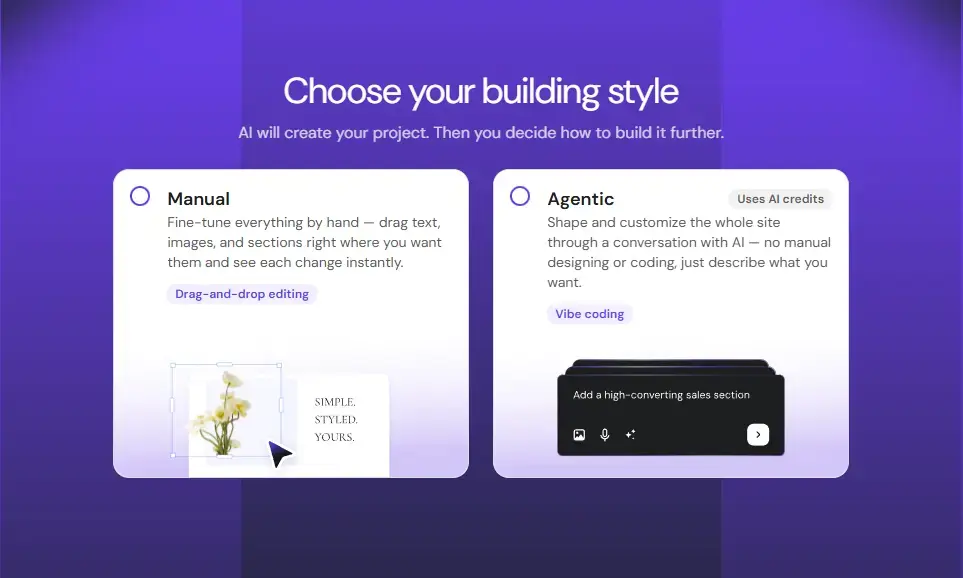 hostinger ai website builder building options