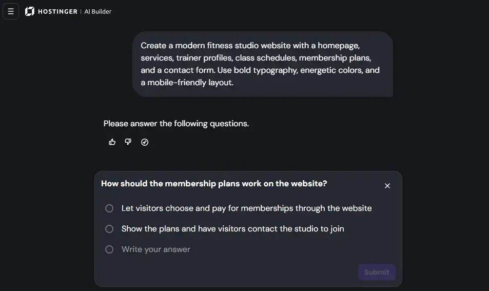 hostinger ai website builder followup questions