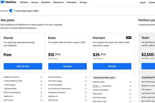 webflow pricing